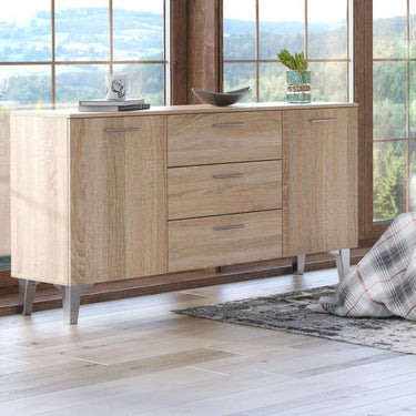 Santino Sonoma Oak Effect Wide Sideboard: Two Doors, Three Drawers, Stable Legs - UK Luxury Furniture